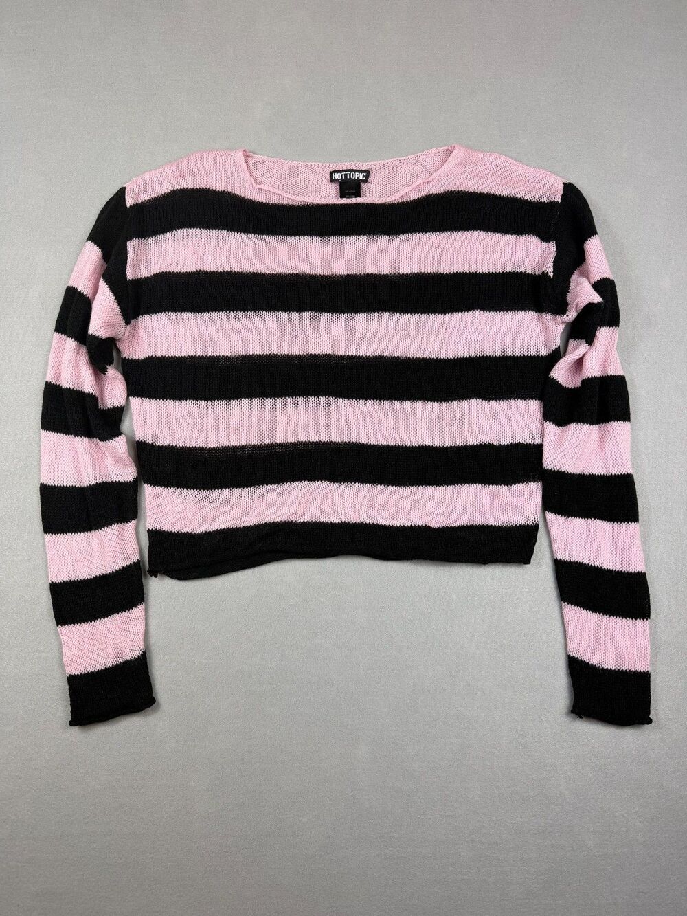 Hot Topic Y2K Pink Black Striped Cropped Mesh Knit Sweater Women's Medium